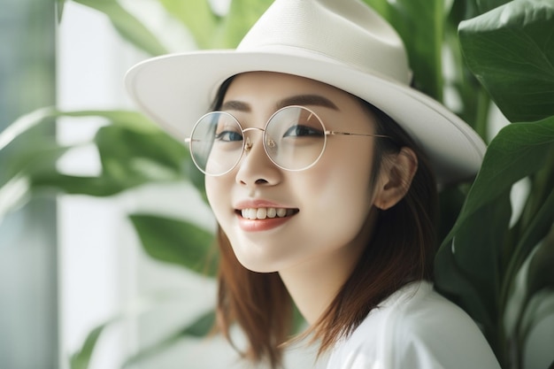 Aziatische vrouw met hoed en bril staat voor een plant