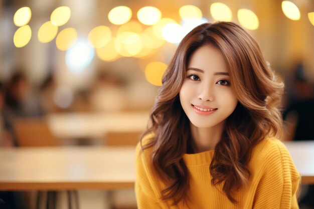 Aziatische vrouw met oranje trui glimlacht op een wazige achtergrond