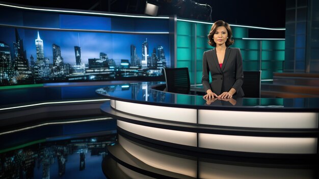 Foto aziatische vrouw nieuwsanker tv nieuwspresentator nieuws virtuele studio