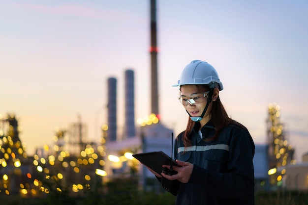 Aziatische vrouw petrochemisch ingenieur werkt 's nachts met digitale tablet Inside olie- en gasraffinaderij fabriek industrie fabriek's nachts voor inspecteur veiligheid kwaliteitscontrole