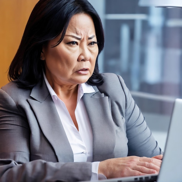 Aziatische vrouw van middelbare leeftijd met overgewicht die stress voelt over het probleem op kantoor generatieve kunst door AI