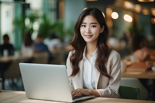 Aziatische vrouw werkende laptop koffieshop op kantoor Zakenvrouw tijdens een pauze bij het controleren van e-mail