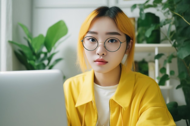 Aziatische vrouw zit aan een bureau met een laptop en draagt een bril
