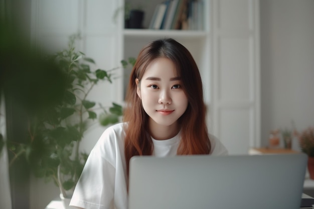 Aziatische vrouw zit aan een bureau voor een laptop