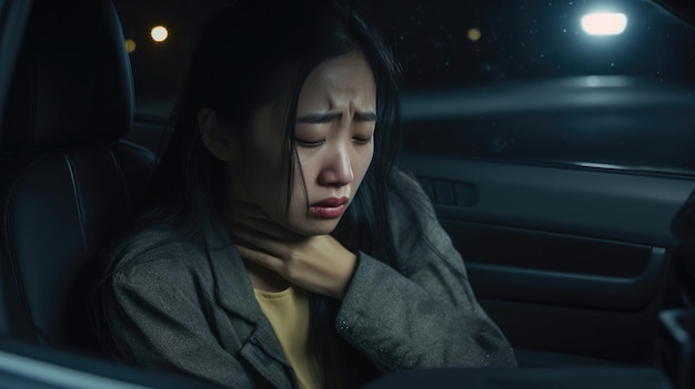 Aziatische vrouw zit 's nachts alleen in de auto. Ze is gestrest