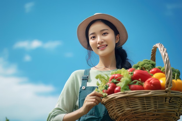 Aziatische vrouwelijke boer met een mandje met verse groenten die biologische groenten en gezond voedsel presenteren