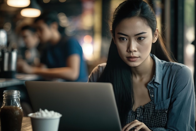 Aziatische vrouwelijke digitale nomade bij koffiebar Generatieve AI-illustratie