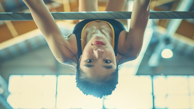 Foto aziatische vrouwelijke gymnast die ondersteboven hangt op de ongelijke tralies in een heldere sportschool