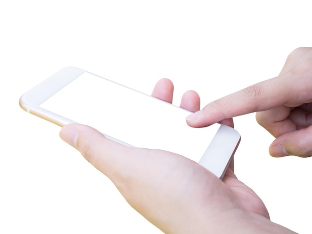 Aziatische Vrouwelijke hand die mobiele slimme telefoon houdt die op witte achtergrond wordt geïsoleerd