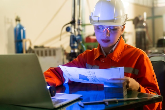 Aziatische vrouwelijke ingenieur specialist met meetmachine met een manipulator arm laptopDriedimensionale coördinaatmeting Controleer maten 3D-controle van de maten van onderdelenCMM na bewerkingsproces