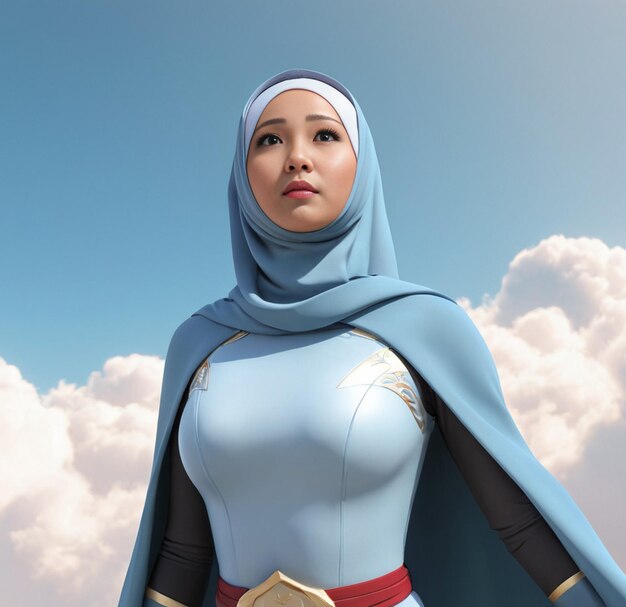 Aziatische vrouwelijke superheld die een hijab draagt en naar de hemel kijkt