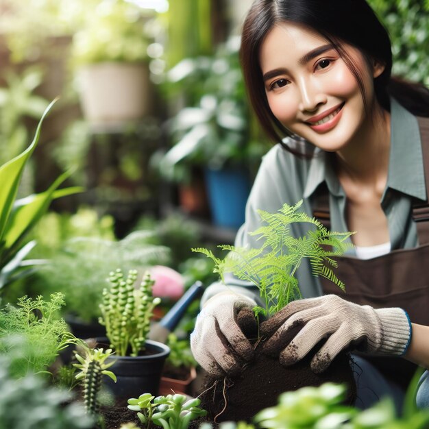 Aziatische vrouwelijke tuinier glimlach