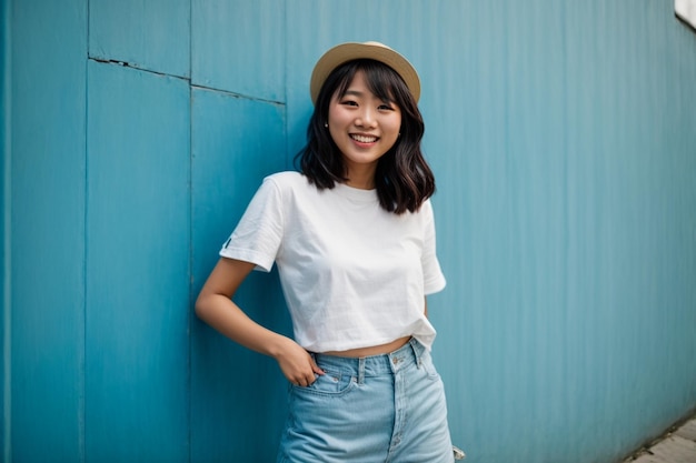 Aziatische vrouwen die op blauwe achtergrond glimlachen