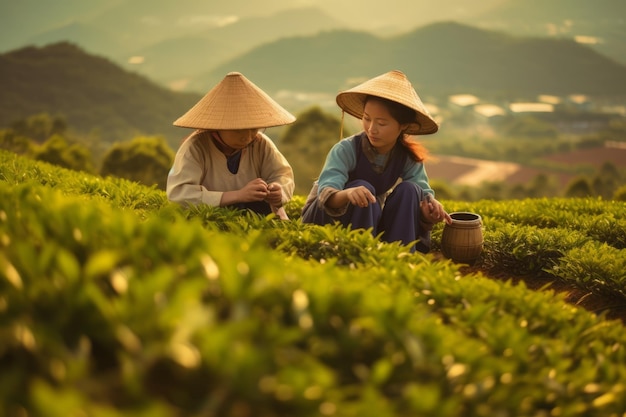 Aziatische vrouwen met een strohoed plukken theeblaadjes op heuvels met bergen