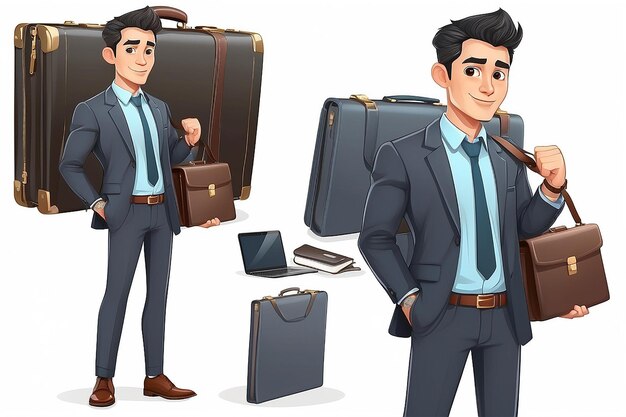 Aziatische zakenman concept van cartoon personage in kantoor stijl kleding knappe zakenman houdt koffer en laptop