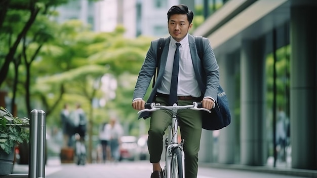 Aziatische zakenman die 's ochtends zijn fiets van huis duwt en zich voorbereidt om met zijn fiets naar zijn werk te rijden