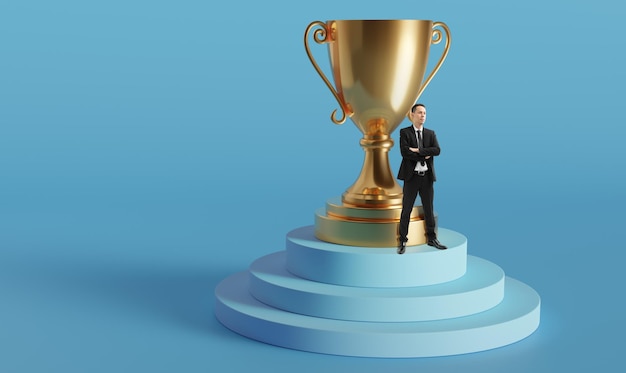 Aziatische zakenman staande voor gouden winnaar beker Gouden trofee bovenop trap Geïsoleerd op blauwe achtergrond 3D render