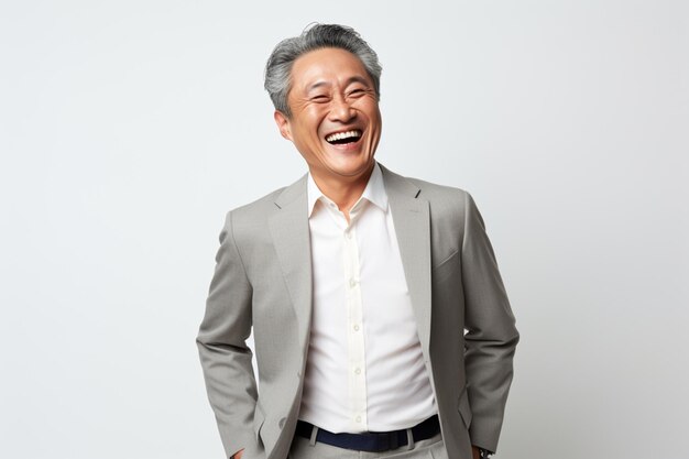 Aziatische zakenman van middelbare leeftijd die vrolijk lacht in grijs pak