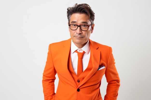 Aziatische zakenman van middelbare leeftijd in oranje pak met boze uitdrukking