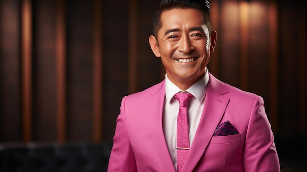 Aziatische zakenman van middelbare leeftijd vrolijk lachend in roze pak gegenereerd door AI