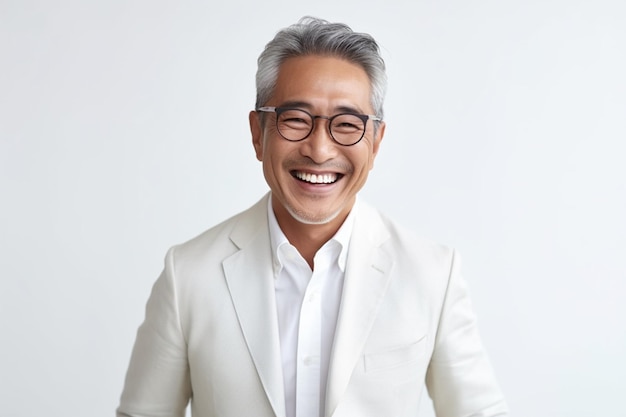 Aziatische zakenman van middelbare leeftijd vrolijk lachend in wit pak