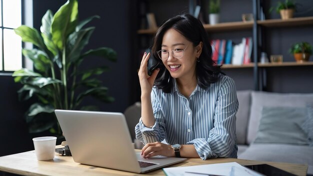 Aziatische zakenvrouw die met een laptop met collega's praat over het plan in een videogesprek terwijl ze slim werkt