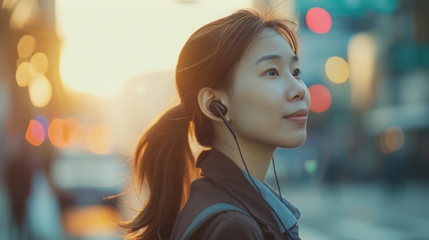Aziatische zakenvrouw die zijwaarts kijkt terwijl ze's morgens op een taxi wacht Gelukkige jonge vrouw die naar muziek luistert met koptelefoon in de stad Deze foto heeft opzettelijk gebruik gemaakt van 35mm filmkorrels