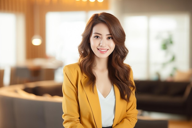 Aziatische zakenvrouw in blazer glimlacht op een wazige achtergrond