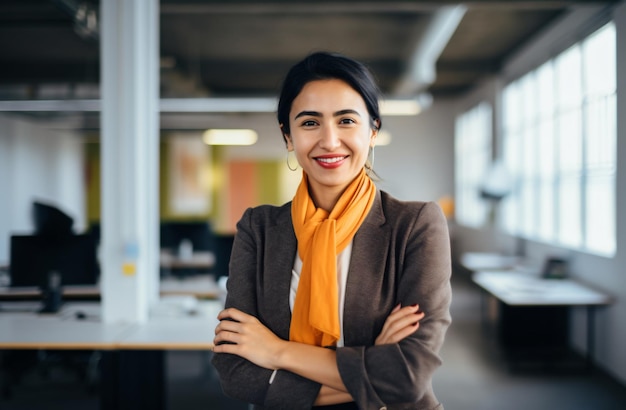 Aziatische zakenvrouw met gekruiste armen glimlachend in kantoor leiderschap en professionele mentaliteit
