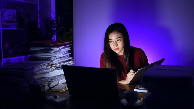 Aziatische zakenvrouw online hard werken in de late uurtjes met laptop thuis. Druk en uitgeput van overwerk 's nachts.