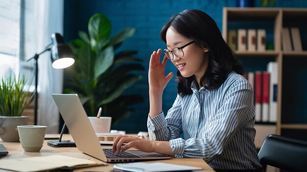 Aziatische zakenvrouw sociale distantie in de nieuwe normale situatie voor viruspreventie tijdens het gebruik van laptop