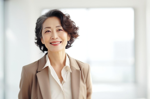 Aziatische zakenvrouw van middelbare leeftijd in bruin pak met gelukkige uitdrukking