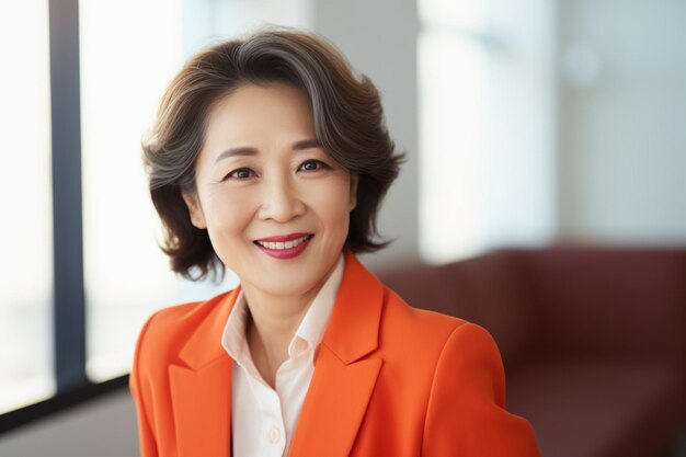 Aziatische zakenvrouw van middelbare leeftijd in oranje pak met gelukkige uitdrukking