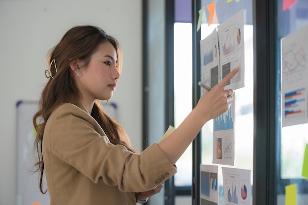 Aziatische zakenvrouwen gebruiken postit-biljetten op glazen muren om strategieën te schrijven, bedrijfsplannen te ontwikkelen, te groeien tot succes.