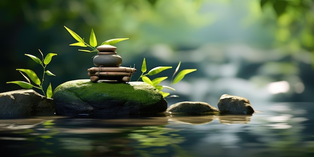 Foto aziatische zen ambiance product tentoongesteld op een rots tegen een serene spa achtergrond met weelderige bamboe en fl