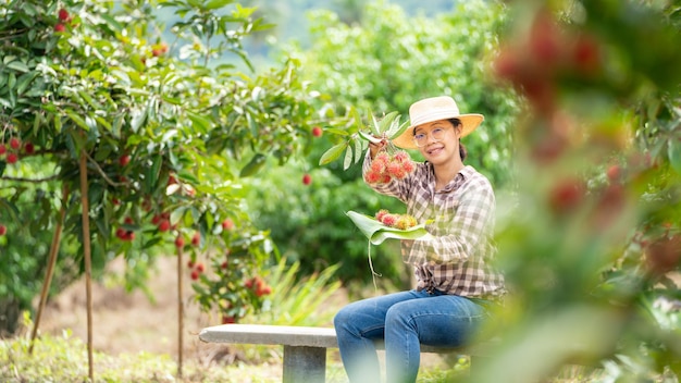 Azië Vrouw boer Rambutan Boer vrouwelijke boer met stapel ramboetan van biologische landbouw Groene tuin biologische landbouw boer werkconcept