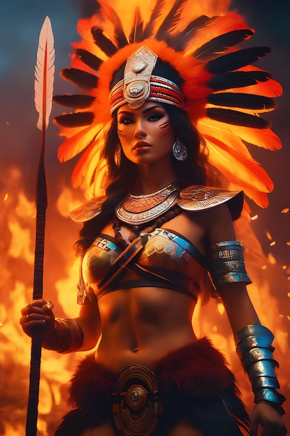 aztec princess doll barbarian warrior princess in a costume with feathers generative ai