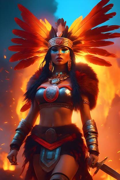 aztec princess doll barbarian warrior woman in a costume with feathers generative ai