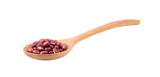 Azuki red bean in wood spoon isolated on white background