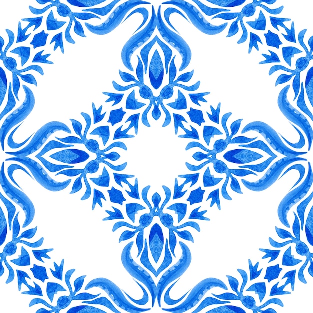 Azulejo blue and white hand drawn tile seamless ornamental watercolor paint pattern