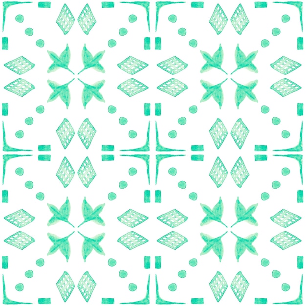 Azulejo 수채화 완벽 한 패턴입니다. 전통적인 포르투갈 세라믹 타일. 손으로 그린 추상적인 배경. 섬유, 벽지, 인쇄, 수영복 디자인을 위한 수채화 삽화. 녹색 azulejo 패턴입니다.