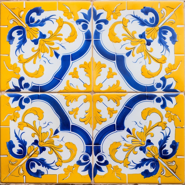 Azulejos antieke Portugese tegelpaneel geel en blauw beeld Ai gegenereerde kunst