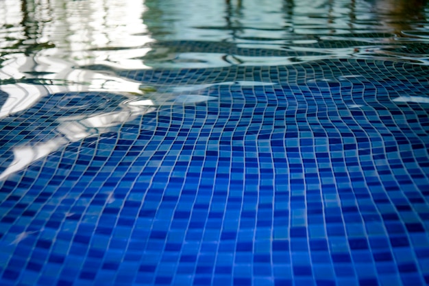 Il fondo in mosaico azzurro di una piscina di un parco acquatico. una vista del pavimento piastrellato attraverso l'acqua pulita della piscina coperta. increspature e lampeggi sulla superficie dell'acqua della piscina coperta. riflessi chiari e scuri in piscina.