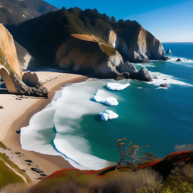 Azure Beach Nature Landscape View of Big Sur Mountain Illustration