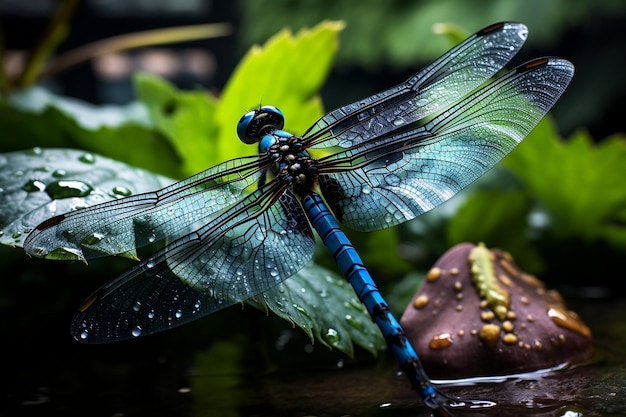 Azure Dragonfly Resting on a Lily Pad in a Pond Generative AI