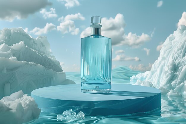 An azure glass bottle mockup surrounded by blue smoke