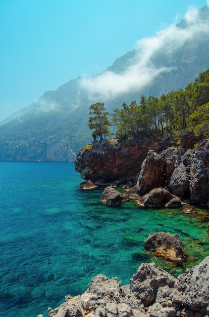 Azure Mediterranean sea coast Natural view of clear water Turkish riviera