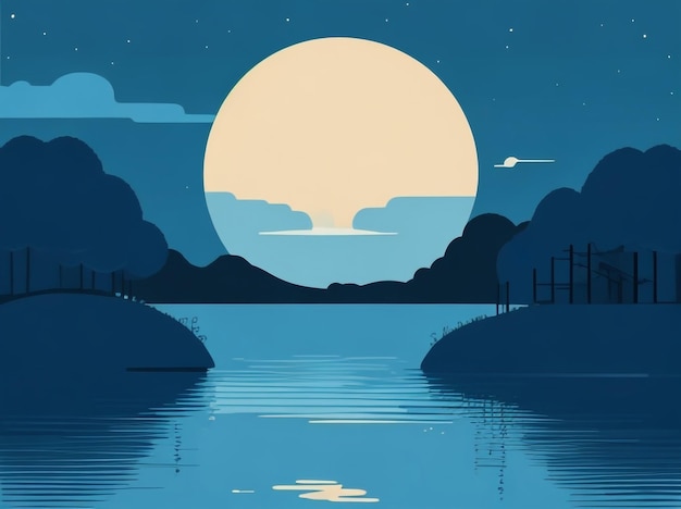 湖 の 上 の 青い 月 の 反射 色彩 の ある 絵画