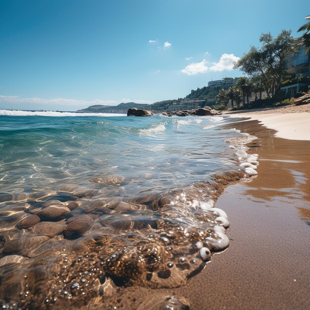 Azure sea water gently splashing over pebbles on sandy beach