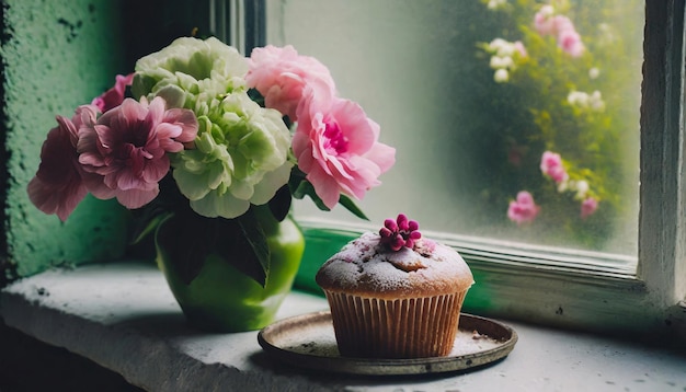 窓際の花瓶にピンクの緑の花束とカップケーキ 古いヴィンテージの部屋のインテリア装飾